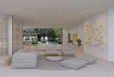 620 Adelaide Drive, Santa Monica, CA: Living room and pool (rendering)